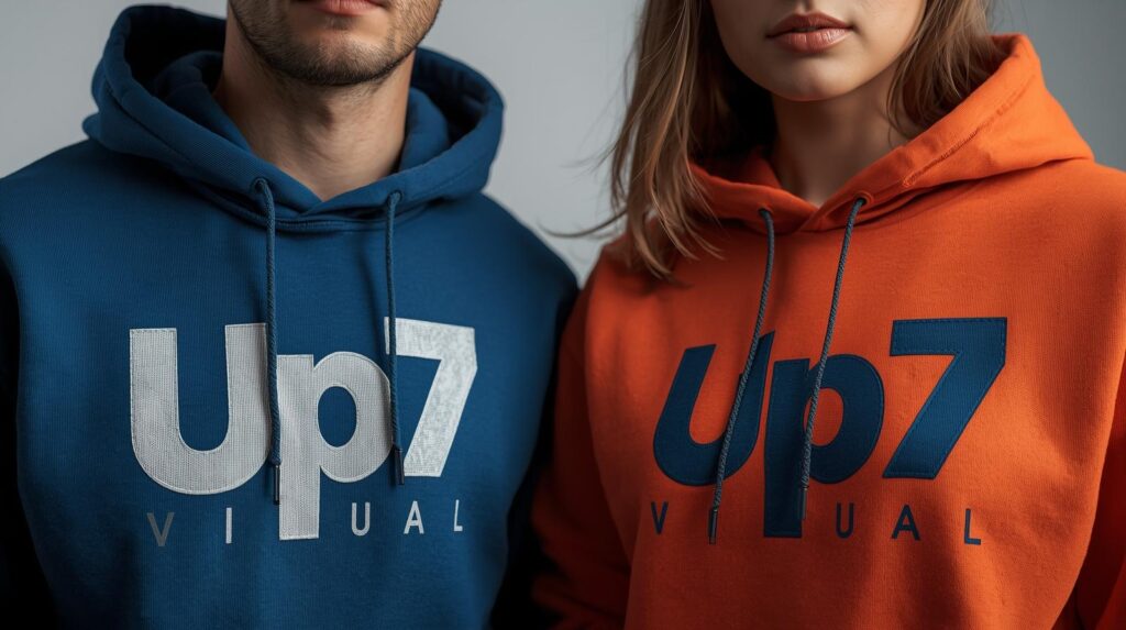 Crea una foto hiperrealista de dos modelos guapos mixtos con sudaderas escrito Up7 Visual, con enfaze (2)