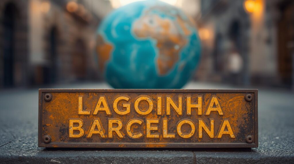 Placa urbana grande con el nombre Lagoinha Barcelona en amarillo y un globo terrestre detras del nombr (2)